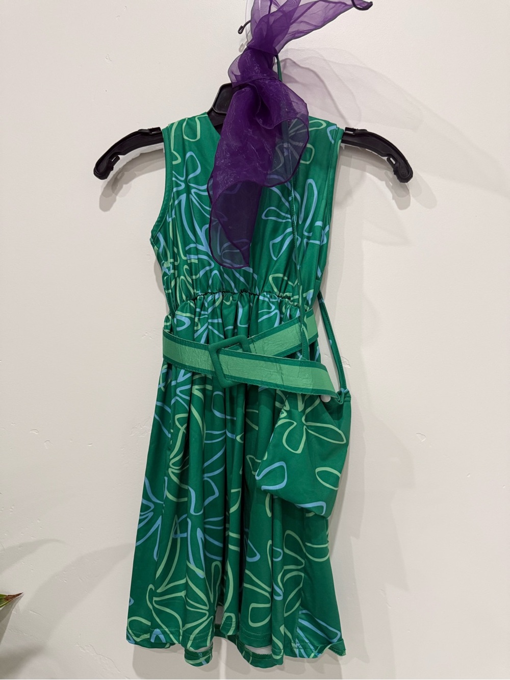 Green Floral Girls' Costume Dress with Belt and Purse